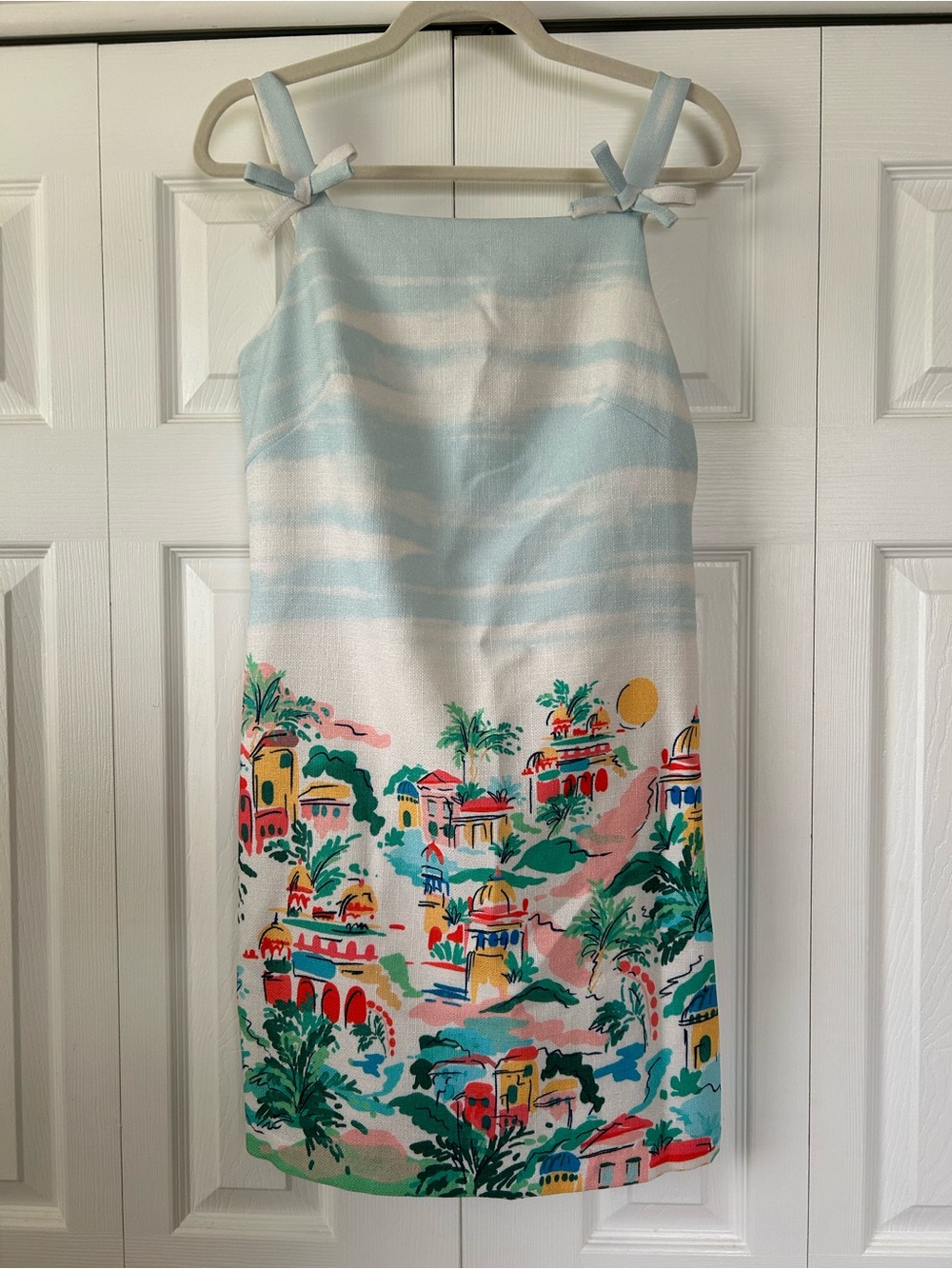 Eliza J Sleeveless Bow Strap Dress – Cityscape Coastal Print Bodice (Size 4)
